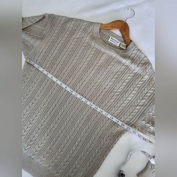 Neiman Marcus Sil Grey Tan Crewneck Sweater Cable Knit - Picture 5 of 7